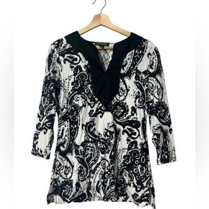 Lauren Ralph Lauren Shirt Womens Small Black White Paisley 3/4 Sleeve V-neck